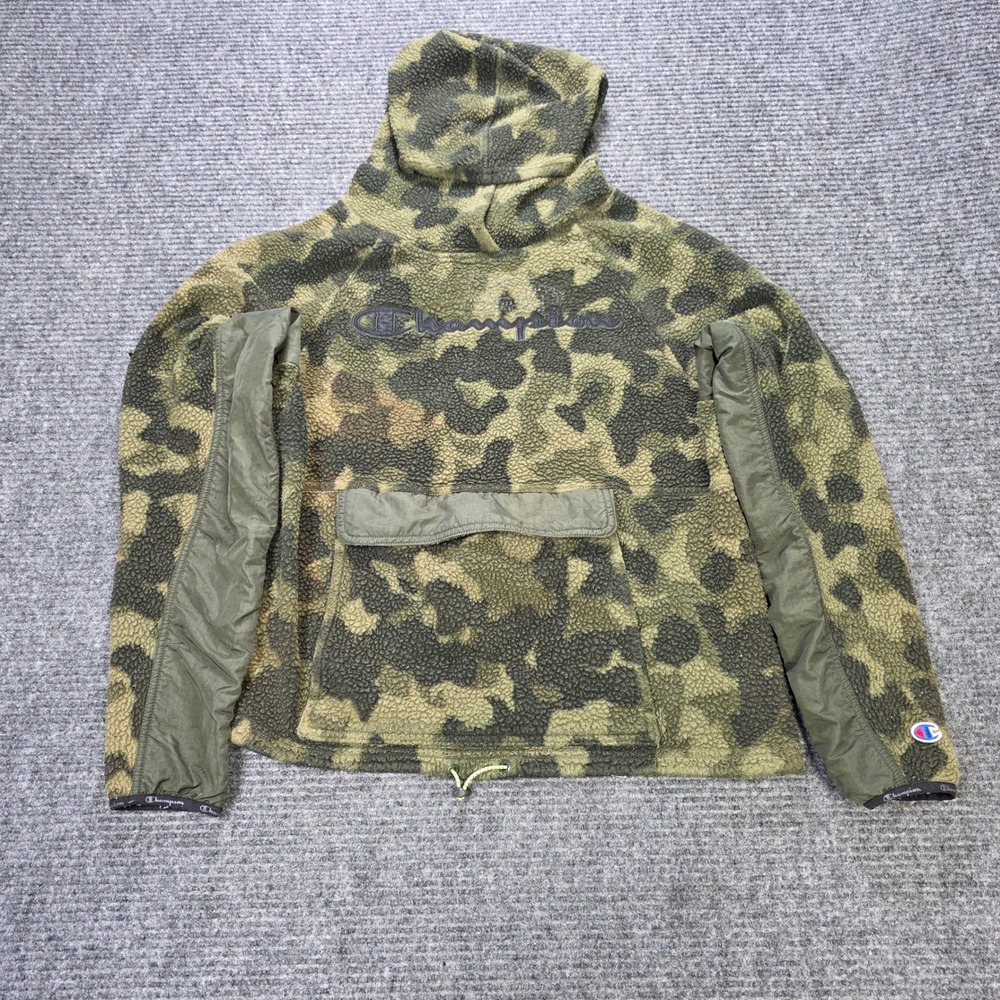 Champion Camo Fleece Hoodie Women's Size L Green Camouflage Pullover Pouch Y2K